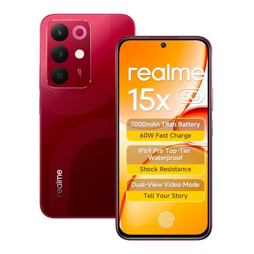 Image of realme 15X 5G Smartphone 6GB RAM 128GB ROM, 6.8 inch 144Hz Display, 7000 0mAh Battery, 60W Fast Charging IP69 Pro Waterproof Dimensity 6300 6nm Octa-core chipset Processor (Maroon Red)