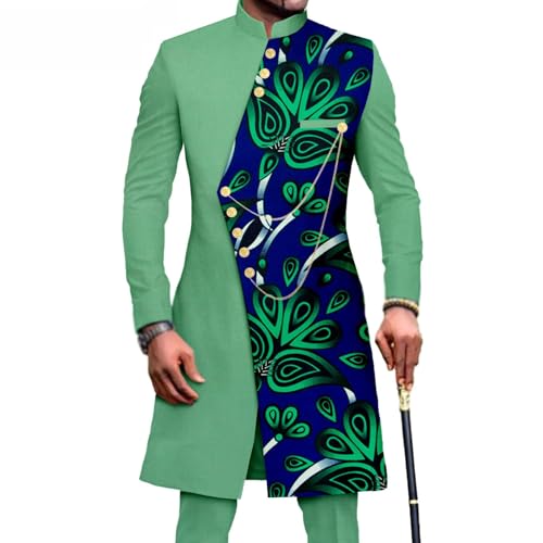 Image of African Suits for Men Slim Fit Formal Blazer Pants 2 Piece Set Traditional Outfits Ethnic Tribal Suit Slim Fit Outwear(Green,Medium)