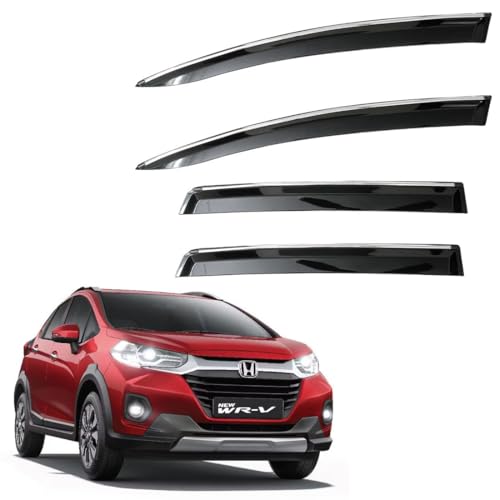 Image of CAR SAAZ Unbreakable Chrome Smoke Door Visor for WR-V (2020-2023) | Premium Sun, Rain Wind Deflector Chrome Strip Side Door Rain Visor - Set of 4 Pcs