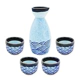 KeQiu Porcelain Japanese Sake Set, Ceramic Bottle and Cups for Sake, Dishwasher & Microwave Safe, Blue Wave Pattern, 1 Sake Bottle and 4 Sake Cups