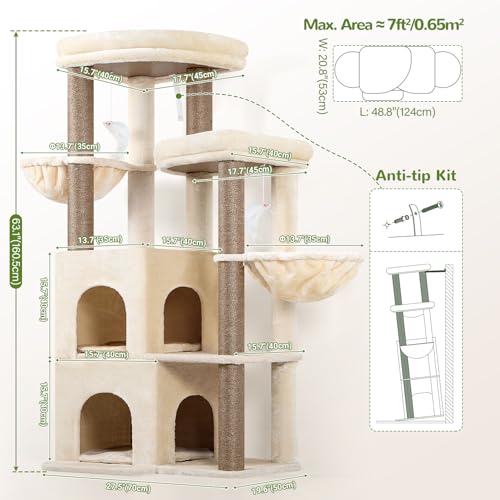 Image of Globlazer Cat Tree Tower for Indoor Cats, Sturdy Adult Cat Tree House for Large Adult Cats with 2 Platform, 6 Cat Scratching Post, 2 Cat Caves, Dangling Toys, S63, 63 inch, Beige