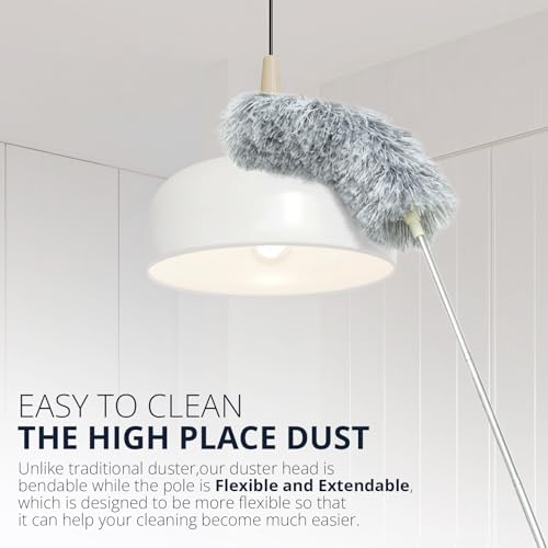 Image of ZZ LAZYCOTTAGE Duster with Extension Pole & Flexible Head, Gray Feather Duster, Long Ddusters for Cleaning for High Ceilings, Walls, Fans, Cobweb and Furniture