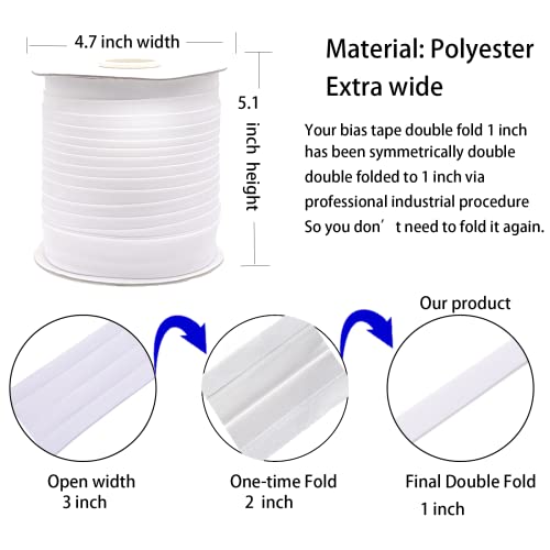 Bias Tape, Double Fold Bias Tape 1 Inch Continuous Bulk Bias Tape For Sewing, Quilting, Binding, Hemming, Apparel Craft, Polyester, Non-Stretch(White, 25Mm, 55 Yards) #TOP1
