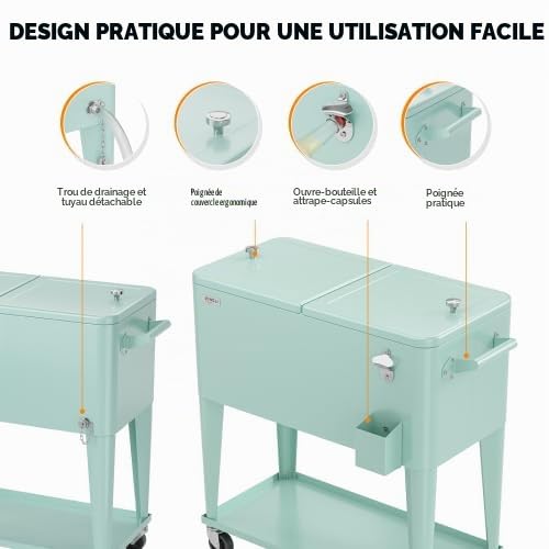 Bonnlo Glacière à roulettes 76 L Frigo de Jardin ou Camping avec Bouchon de Décapsuler l'Ouvre-Bouteille et l'Attrappe-Capsule Chariot Frigorifique pour Patio Jardin Terrasse Vert Menthe