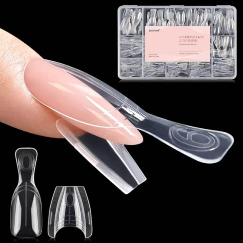 JODSONE 240 PCS Sandwich Nails Dual Forms:Short Oval Reusable Nail Forms with Guide Lines 15 Sizes Nail Mold for Nails Extension Salon & Home DIY Nail Art Tools