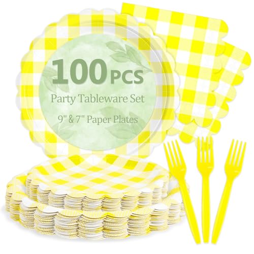 Image of 100 Pcs Yellow Gingham Paper Plates and Napkins Disposable Set for Party