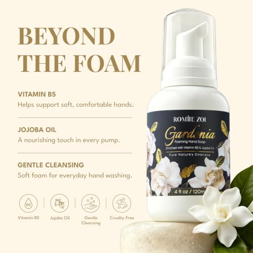 Image of ROMIIE ZOI Foaming Hand Soap, Gardenia Scent, 4 fl oz Travel Size | Natural SLS-Free Formula, Gentle Moisturizing, Rich Creamy Foam, w / Compact Refillable Dispenser