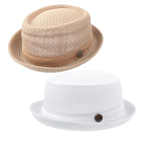 ZffXH Pork Pie 2pcs Mesh Porkpie Herren Hut Sommer, Weiß Und Khaki Beach Party Porkpie Hut, Panama Hut Herren, Fedora Pork Piehüte Schwarz, Schwarz Porkpie Hut Herren Für Angeln, Wandern