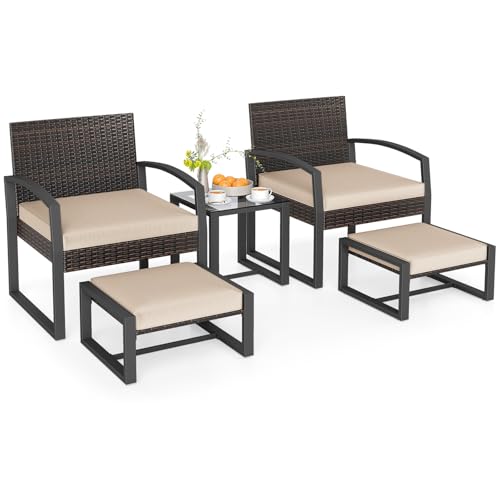 Tangkula 5 Pieces Wicker Patio Conversation Set Outdoor PE Rattan Chair with Ottoman Set with Glass Side Table 2-Person Small Balcony Furniture Seating Set with Cushions for Porch Backyard Deck