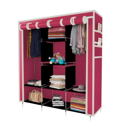 Image of Collapsible Wardrobe Closet for Clothes Storage, 8 Shelf Portable Fabric Almirah, Foldable Clothes Organizer with Plastic Frame, Space Saving Cupboard for Bedroom (Maroon)