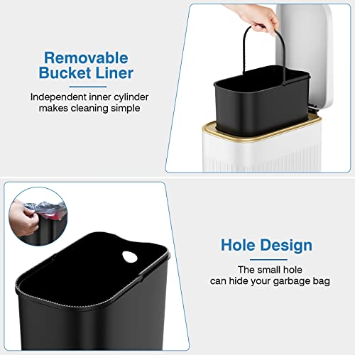 Image of BETHEBEST Bathroom Trash Can with Lid,4 Gallon /15L Rectangular Garbage Can with Removable Inner Wastebasket,Soft Close, Step Stainless Steel Trash Can for Bathroom,Kitchen,Office(White)