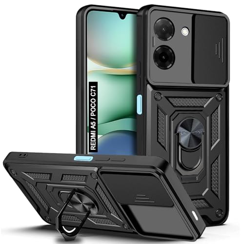 Image of AESTMO Tough Armor Poco C71 / Redmi A5 Bumper Back Case Cover | Ring Holder & Sliding Camera Shield Cover | 360 Degree Protection Back Case Cover for Poco C71 / Redmi A5 (Black)