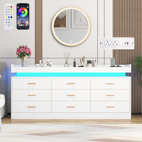 Image of Hlivelood 9 Drawer Dresser with LED Light and Charging Station, 63 inch Modern Chest of Drawers for Closet, Wide Drawer Organizer Cabinet for Bedroom, Living Room, Entryway, Hallway, White