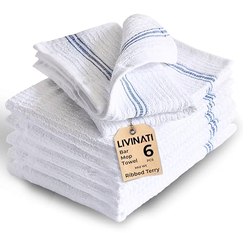 LIVINATI White Cotton Bar Towels for Kitchen - Rags for Bartenders - Bulk Commercial Grade Utility Terry Mops Dish Cloths for Cleaning House Wiping Drying in Restaurants - 16X19 6 Pack Blue Striped
