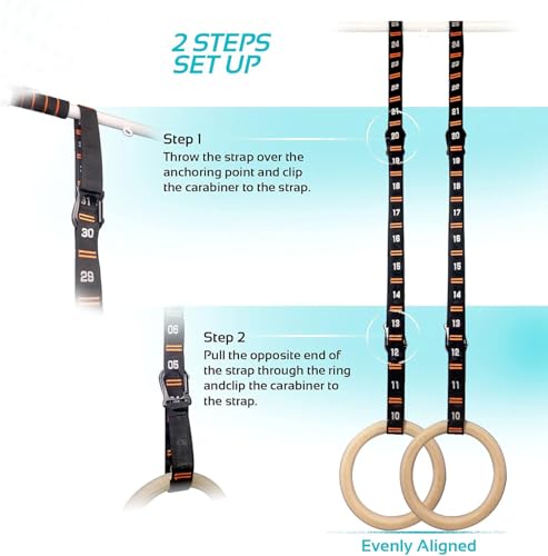 Image of Adjustable Numbered Straps for Gymnastic Rings Steel Carabiners Quick Hook System Easy to Set Up One Pair Strap Only (Orange)