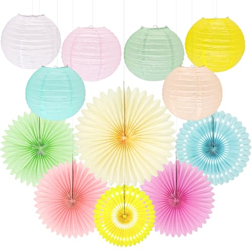 Peywot 12Pcs Pastel Party Decorations Set Hanging Colorful Paper Lanterns Pastel Honeycomb Paper Fans Decorations for Birthday Wall Classroom Baby Shower Wedding