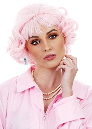 Image of ALLAURA Compatible with Pink Ladies Costume - Short Curly Pink Wig for Women - 50s Character Wig for Grease Cosplay, Retro Parties, Themed Events, Halloween, Rockabilly, Vintage Looks