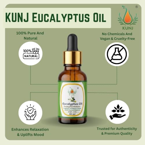 Image of KUNJ Eucalyptus Essential Oil 30ml - 100% Pure & Natural Steam Distilled Nilgiri Oil for Aromatherapy, Diffuser, Hair Care, Scalp Care, Spa, Home Fragrance & DIY Blends