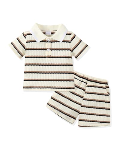 Renotemy Boy Clothes 4T 5T Littler Summer Outfits for Boys Brown Striped Polo Shirt Shorts Set Comfortable 2 Piece Outfits Boys Fashion Clothes