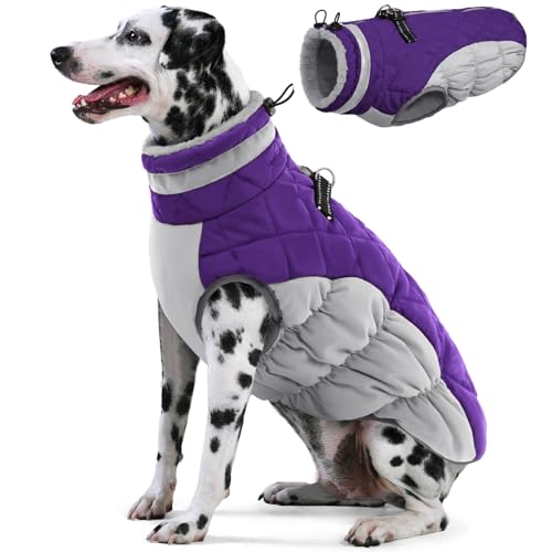 Image of AOFITEE Dog Coat, Warm Dog Winter Coat for Large Dogs, Reflective Turtleneck Dogs Jacket with Harness Built in, Waterproof Windproof Pet Puffer Jacket Fleece Vest for Cold Weather, Purple XXXL