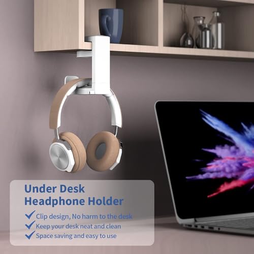 Image of OIVO INDIA 360 Rotating Headset Hanger Holder, Adjustable Gaming Headphone Stand Hook Under Desk Mount Clamp with Cable Organizer Clip Compatible with PlayStation, Xbox, PC, Nintendo Switch (White)