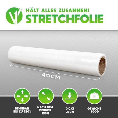 V1 Trade Stretchfolie Transparent - Strechfolienrolle 150m x 40 cm - Verpackungsfolie 23my - Umzugsfolie für möbel - Stretch Film for moving - verpackungsmaterial Stretchfolie