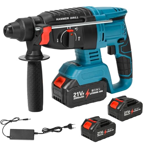 Marteau Perforateur Sans Fil, 18V Perforateur Sans Fil,4800BPM, 1000RPM, énergie de frappe 1J, 27 mm Marteau Piqueur pour Béton (2 batterie)