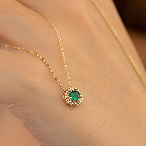 14k Diamond Emerald Necklace, Solid Gold Emerald Necklace, Diamond Necklace, Round Diamond Pendant3