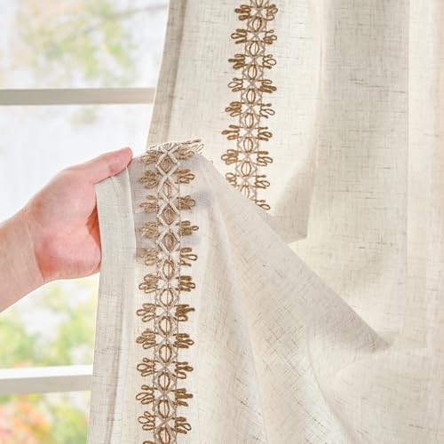 Image of jinchan Beige Linen Curtains with Woven Trim Back Tab 50 x 84 Inch 2 Panels