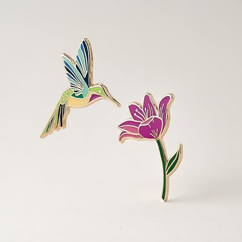Image of 2 Piece Gift Set - Hummingbird & Pink Lily Flower Enamel Pin, Hummingbird Gifts