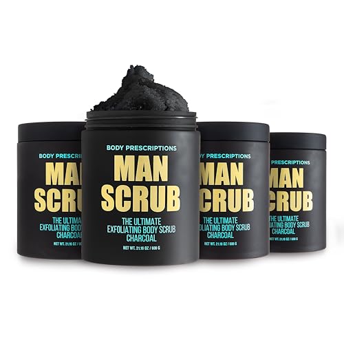 Body Prescriptions Men’s Exfoliating Body Scrub – Ultimate Skin Cleansing Wash in Jar with Twist-Top Lid, For All Skin Types, 21 Ounce (Pack of 4), Charcoal