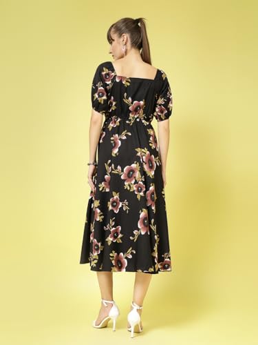 Image of OOMPH! Below Knee Shift Pink Dress in Crepe Fabric with Round Neck and Puff Sleeves - md619l
