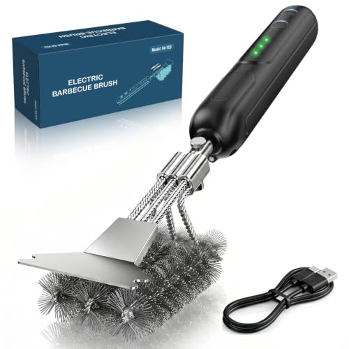 Spinago Electric Grill Brush with Scraper, 20kg High-Torque Power BBQ Grill Cleaner, Dual Mode (Auto/Manual), 2-Speed Rechargeable, LED Light, Reaches Grill Grate Sides & Corners, Gift for Dad/Men