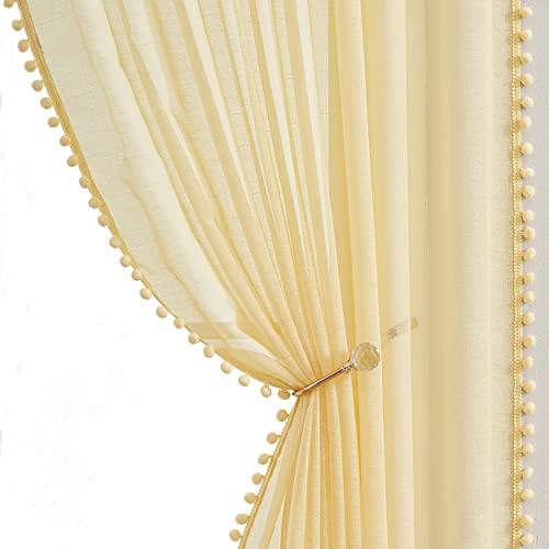 Pom Pom Yellow Sheer Curtains for Girls Children's Bedroom 54 Inch Pencil Pleat Tape Top Linen Texture Voile Curtains Light Filtering & Privacy Window Curtain Set for Basement Laundry 52 W 2 Panels