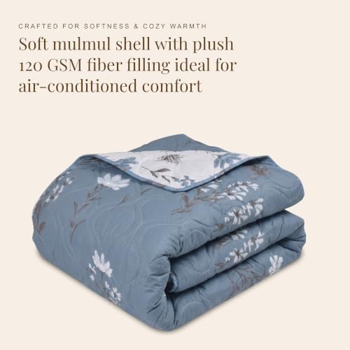 Image of HUESLAND Reversible AC Quilt Blanket Single Bed | 100% Cotton Quilted Shell, Super Soft 120 GSM Microfibre Wadding | Lightweight Comforter for All Weather Use | Floral - 55 x 88 inches