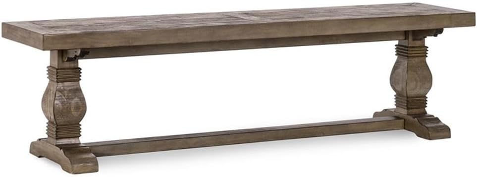 MAKLAINE 66" Transitional Reclaimed Pine Wood Bench, Weathered Brown Finish, Hand-Carved Pedestal Base, Rustic Style Seating for Kitchen or Dining Room, Seats Up to 3
