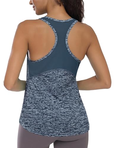 Wayleb Tank Tops Women Round Neck Racer Back Activewear Shirts with Mesh Back for Running Yoga Stretching and Fitness Workouts Navy Blue S-XXL