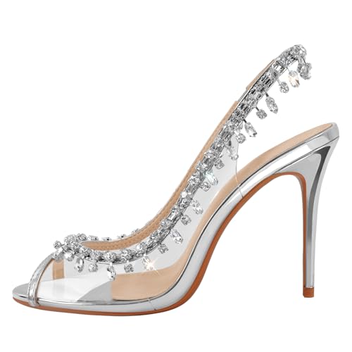 sexytag Women's Crystal Clear Heels Jewel Embellished Slingback Stiletto High Heels Sandals Peep Toe Cinderella Glass Party Wedding Pumps Silver Size 8