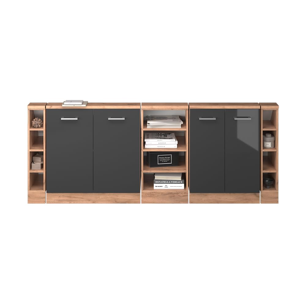 Vicco Ensemble de Meuble sous Pente Rion Anthracite Brillant/Chêne doré | L210 x P46 cm , Lot de 5, gain de place pour les pièces mansardées