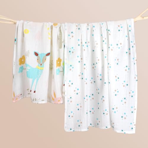 KAKU NANU Muslin Blanket Swaddle Soft Lightweight Organic Cotton 2 Pack 110x120cm Dual Layer Large Muslin Cloths for Baby Receiving Blankets Animal and Star Blanket Wrap - Image 2