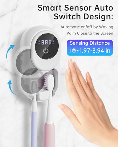 Image of Toothbrush Holder & Toothbrush Cleaner, UV Toothbrush Sanitizer and Holder 2 Slots, Cleaning and Fan & Heat Drying, LED Smart Screen, Wall Mounted Tooth Brush Holder for Bathrooms (White)