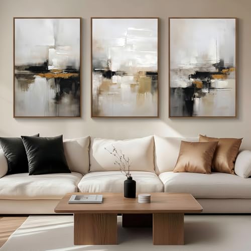 Image of Abstract Neutral Wall Art Black and Brown Grunge Framed Mid Century Modern Wabi Sabi Textured Canvas Painting Artwork for Living Room Bedroom Office- 3 Panels, 16x24 Inch, Ready to Hang