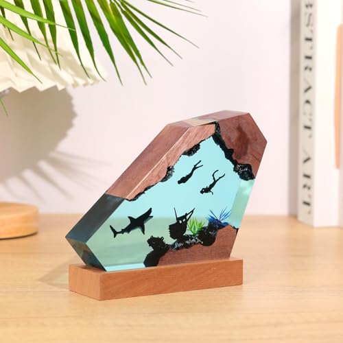 Image of Drawelry Ocean Creative Epoxy Resin Wood Light Lamp, Handmade Multi Color Aquatic Ocean Lamp Deep Sea Cave Diving Enthusiasts Led Night Light Desktop Decor Birthday Gift (White Shark, M)