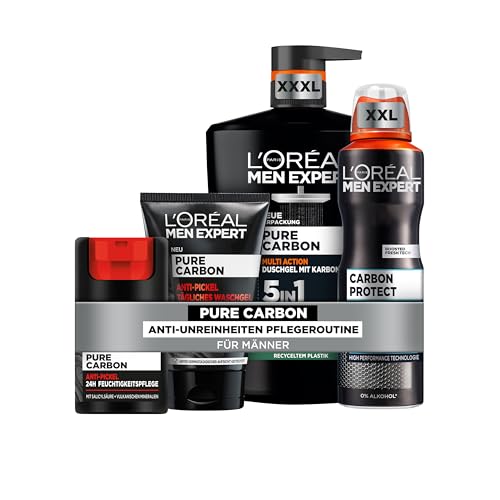 L'Oréal Men Expert 5in1 Anti-Pickel Pflegeset für Männer, Mit XXXL Duschgel, XXL Deospray, Waschgel und Gesichtscreme, Set für Herren mit Karbon, Pure Carbon, 4-teilig