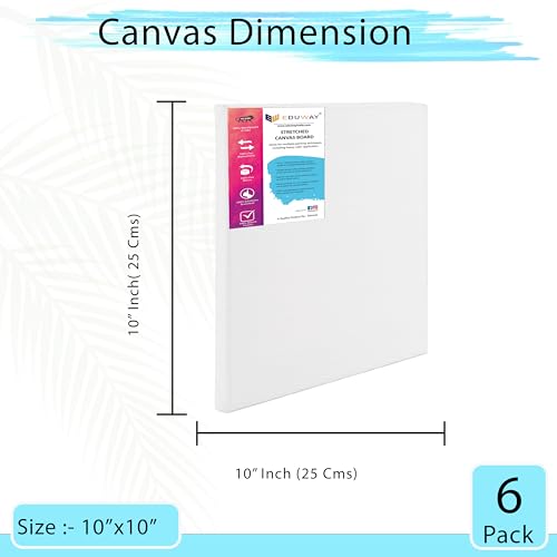 Image of Eduway 10x10 inches Pre Stretched Medium Grain 7Oz Primed Cotton Painting Canvas with Wooden Frame for Beginners & Artist | Suitable with Acrylic, Oil, Water Colours - (Set of 6)`
