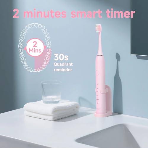 PERECT Ultrasonic Electric Toothbrush Adults with 6 Brush Heads, 5 Modes Electric Toothbrush, Travel Rechargeable Power Toothbrush with Smart Timer &Travel Case & Soft Picks, IPX7 Waterproof, Pink - Image 4