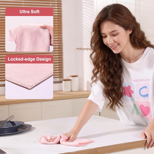 Image of JOYMOOP Microfiber Cleaning Cloths, 11.8 inch x 11.8 inch Pink Reusable Kitchen Towels, Lint-Free Cleaning Rags, Super Absorbent Cleaning Cloths for Kitchen, Car, and Household Cleaning, 18 Packs