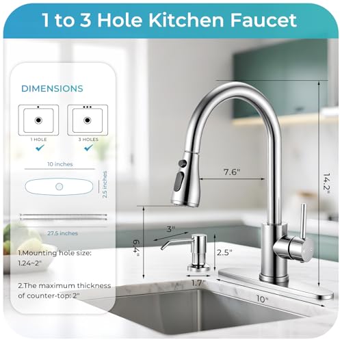 Image of Pull Down Kitchen Faucet with Soap Dispenser - Polished Chrome Single Handle Kitchen Faucets, High Arc Stainless Steel Pull Out Kitchen Sink Faucet with Deck for RV Laundry Farmhouse Bar