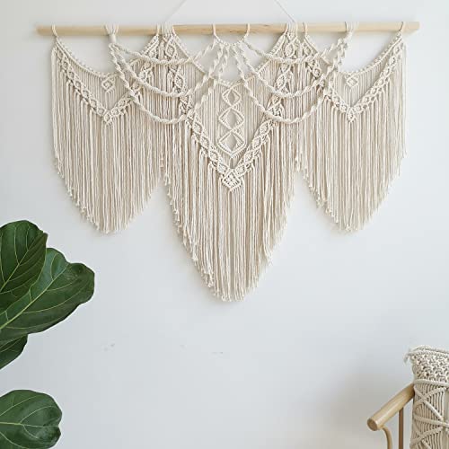 Large Macrame Wall Hanging - Boho Tapestry Macrame Wall Decor Art- Chic Bohemian Handmade Woven Tapestry Home Decoration For Bedroom Living Room Apartment Wedding Party - 43"X32" (Beige-Fringe) #TOP2