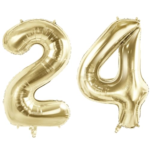 Number 24 Balloons for 24th Birthday Party Decorations, 40" Champagne Gold Foil Helium Balloons, 40 Inch 0-100 Anniversary Supplies for Her Him and Daughter Son